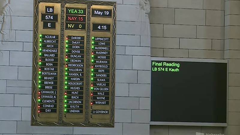 Nebraska lawmakers cast their votes on the final reading of LB574, the bill to ban...